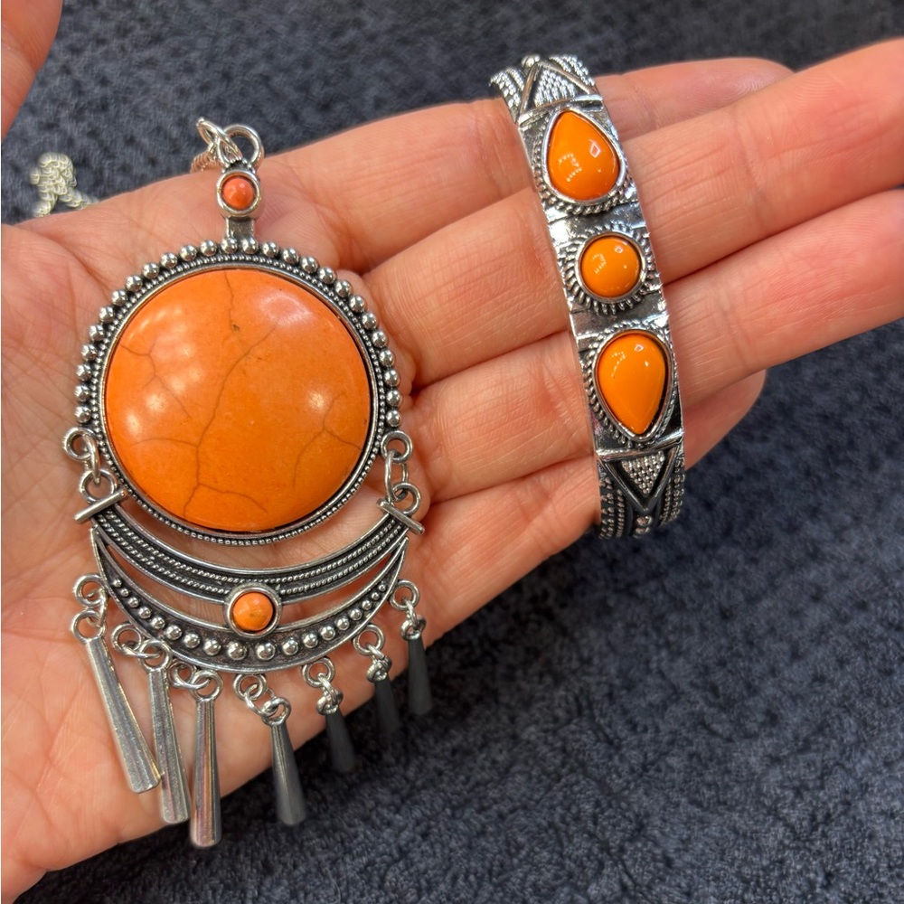 Long Orange Stone Pendant Necklace with Tribal Silver Accents